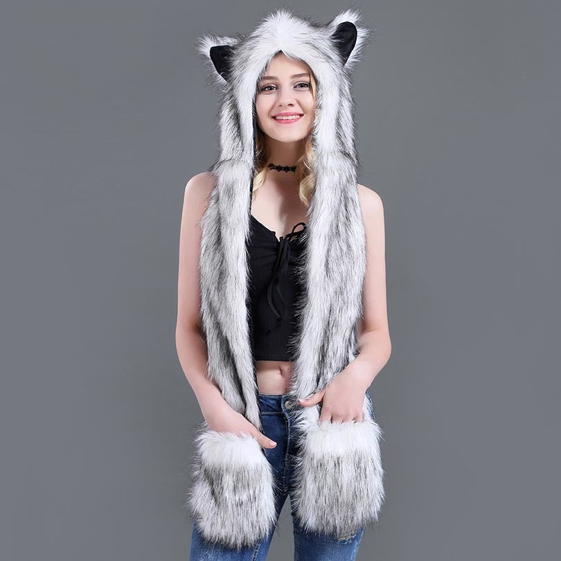 Faux Fur Straw Cartoon Animal Hat Scarf Gloves One - Bellarte Enchanté Faux Fur Straw Cartoon Animal Hat Scarf Gloves One